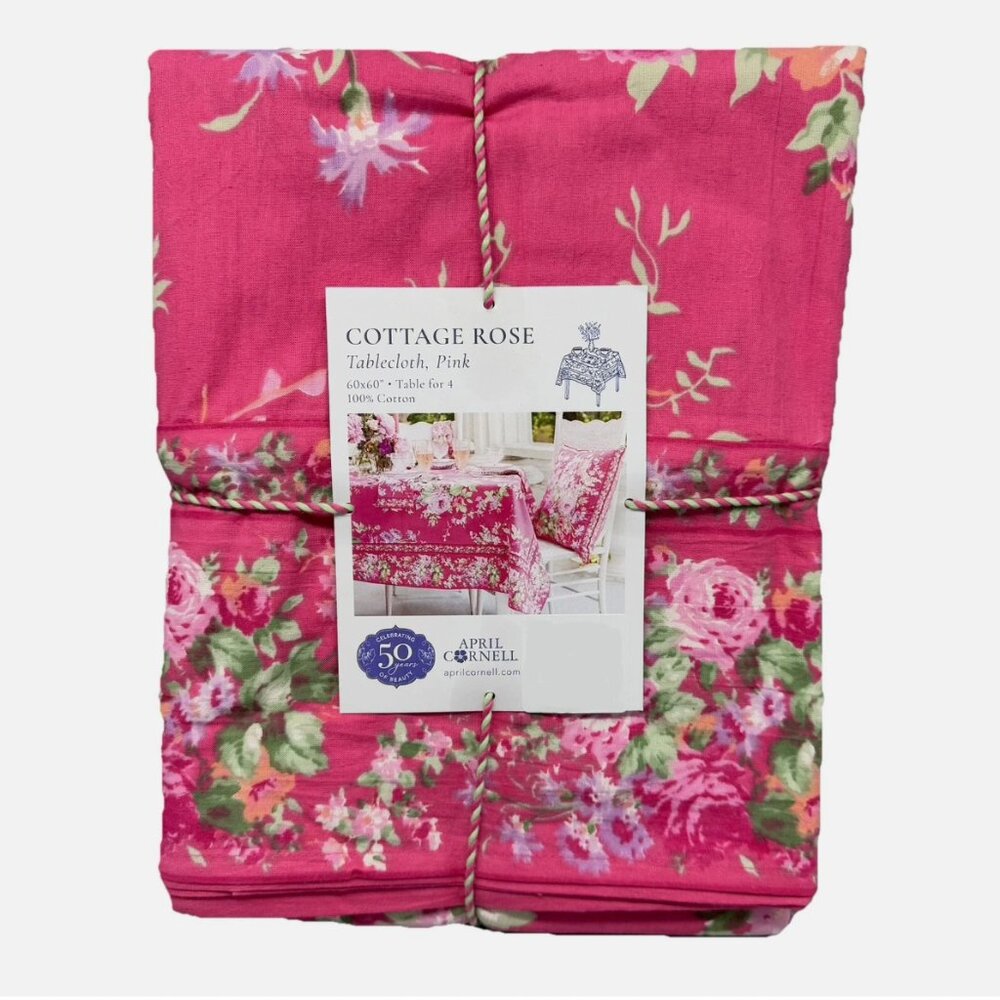 April Cornell Cottage Rose Pink Floral Tablecloth 60x60 Cotton Garden Summer NEW